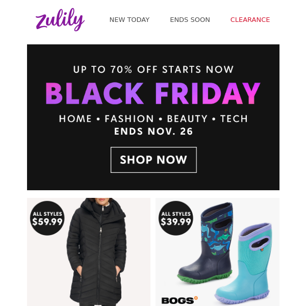 DKNY puffers up to 70% off + Bogs boots $39.99