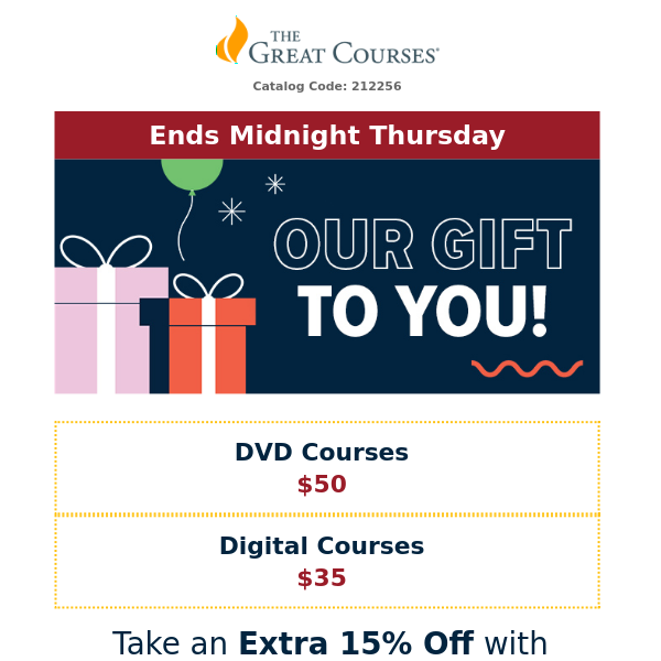 Last Day - All Courses $35-$50 + 15% Off