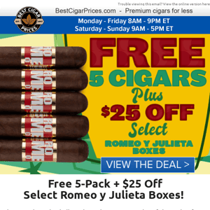 🌹 Free 5-Pack + $25 Off Select Romeo y Julieta Boxes! 🌹