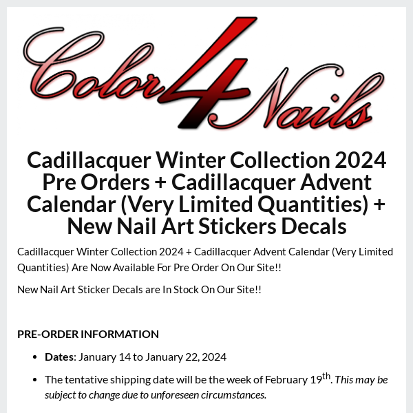 LAST 2 DAYS To Pre Order Cadillacquer Winter Collection 2024 + Advent Calendar Shades (1/14 to 1/22) + New Nail Art Stickers Decals (In stock)