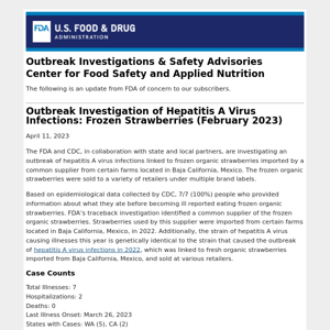 Outbreak Investigation of Hepatitis A Virus Infections: Frozen Strawberries (February 2023)