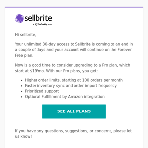 Sellbrite, your unlimited access ends in 2 days