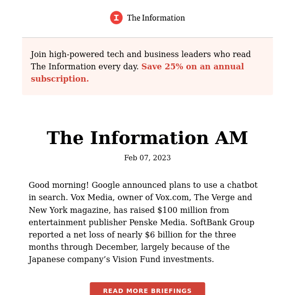 The Information AM - Google Announces Plans to Use Chatbot in Search