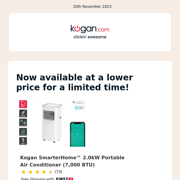 PRICE DROP: Kogan SmarterHome™ 2.0kW Portable Air Conditioner (7,000 BTU)