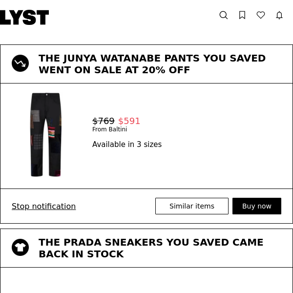 The Junya Watanabe pants you saved went on sale at 20% off