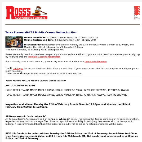 *REMINDER* Ross's > Terex Franna MAC25 Mobile Cranes Online Auction 19/02/24