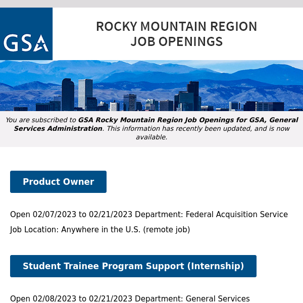 New/Current Job Opportunities in the GSA Rocky Mountain Region