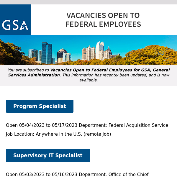 New/Current Job Opportunities at GSA Open to All Federal Employees & Special Appointment Eligibles