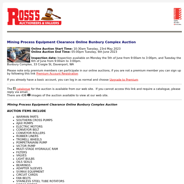 *REMINDER* Ross's > Mining Process Equipment Clearance Online Bunbury Complex Auction 06/06/23