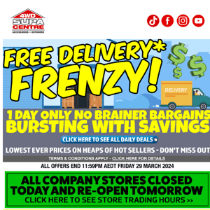 🚀 FREE DELIVERY FRENZY - 1 Day Only No Brainer Bargains Bursting With Savings 💥