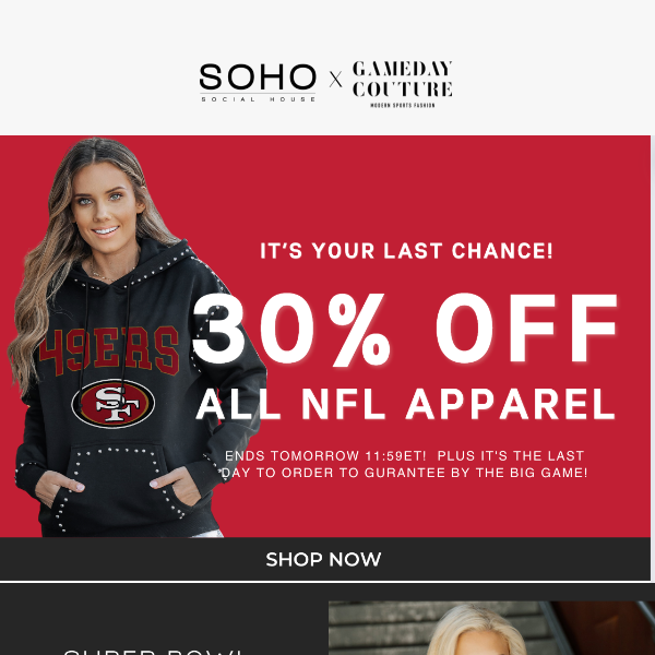 It's the last chance to get 30% off ALL NFL apparel