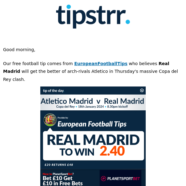 Free football tip from Thursday's huge Copa del Rey clash