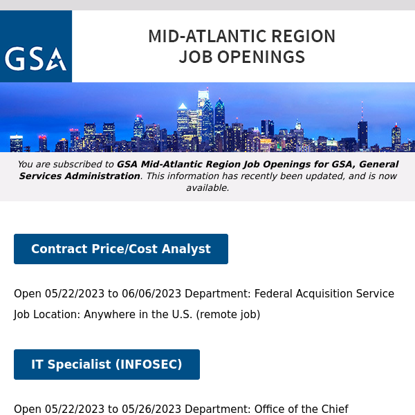 New/Current Job Opportunities in the GSA Mid-Atlantic Region