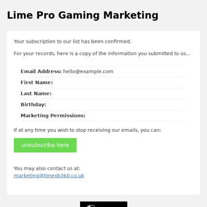 Lime Pro Gaming: Subscription Confirmed