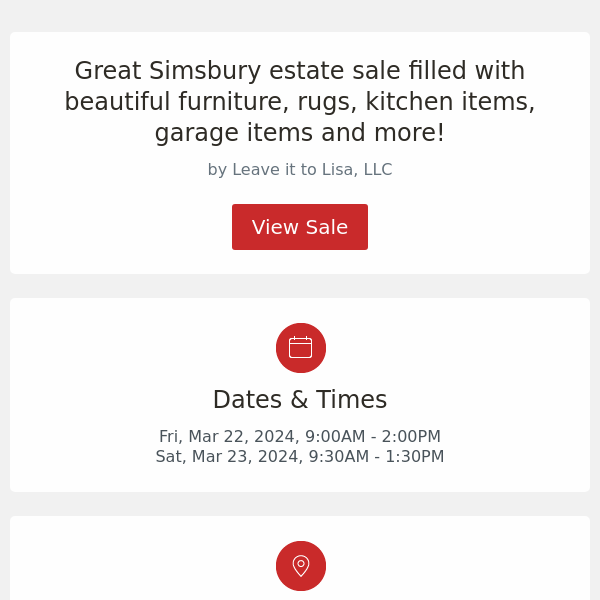 Great Simsbury estate sale filled with beautiful furniture, rugs, kitchen items, garage items and more!