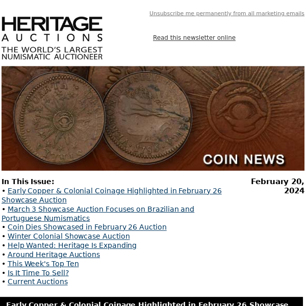 Coin News: Early Copper & Colonial Coinage Highlighted in February 26 Showcase Auction