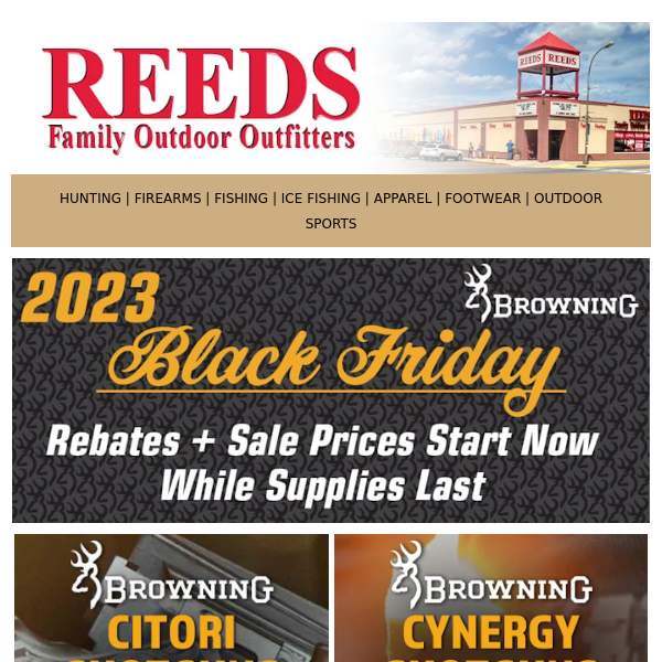 Browning Black Friday Sale Prices PLUS Rebates! 25% OFF Zeiss, Drake,  Banded & Right Em Right Factory-Authorized Sales! - Reeds Family Outdoor  Outfitters