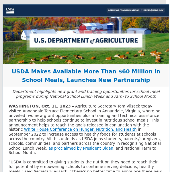 USDA Makes Available More Than $60 Million in School Meals, Launches New Partnership