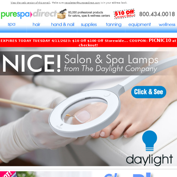 Pure Spa Direct! ENDS TODAY 4/11: $10 Off Storewide Coupon - ALSO, Your Spa/Salon will be Lit with Daylight!