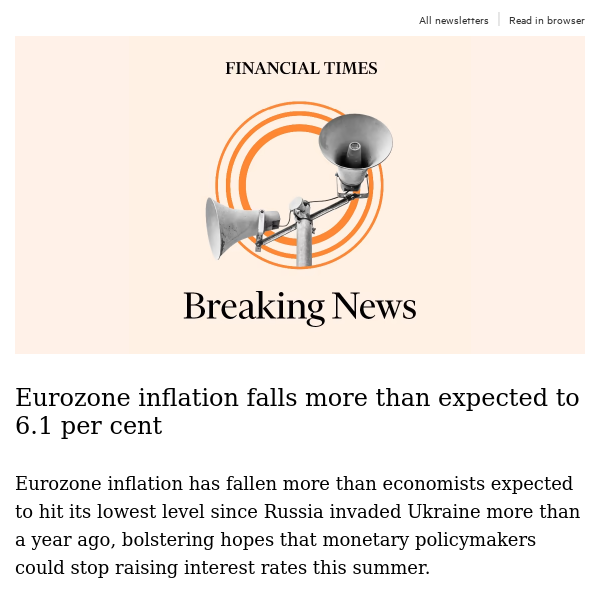 Eurozone inflation falls more than expected to 6.1 per cent