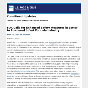 FDA Calls for Enhanced Safety Measures in Letter to Powdered Infant Formula Industry