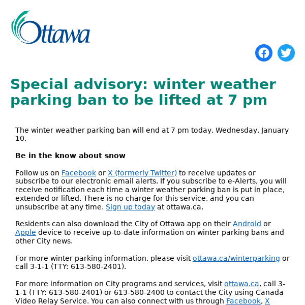 Special advisory: winter weather parking ban to be lifted at 7 pm