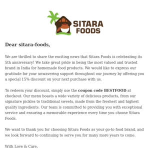 Dear Sitara Foods ! Celebrating Sitara Foods' 5th anniversary with a special discount for our valued customers