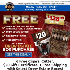 🆓 6 Free Cigars, Cutter, $20 Gift Certificate, + Free Shipping with Select Drew Estate Boxes 🆓