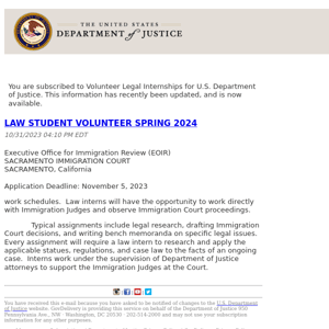 U.S. Department of Justice Volunteer Legal Internships Update