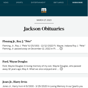 Today's Jackson obituaries for March 27, 2023