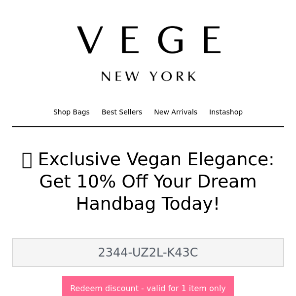🐇 Exclusive Vegan Elegance: Get 10% Off Your Dream Handbag Today!