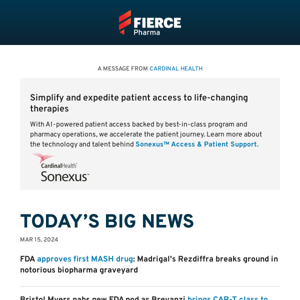 | 03.15.24 | BMS, Madrigal, BeiGene ride FDA approval wave; Merck’s Keytruda shows survival benefit in cervical cancer