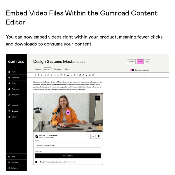 Embed Video Files Within the Gumroad Content Editor