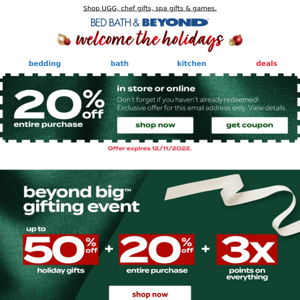 😊 Beyond Big Gifting Event: up to 50% off holiday gifts + 20% off COUPON + 3x points!