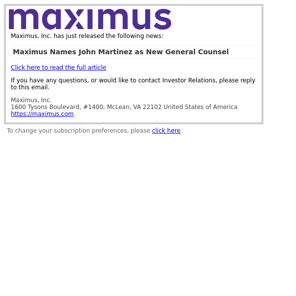 Maximus Names John Martinez as New General Counsel