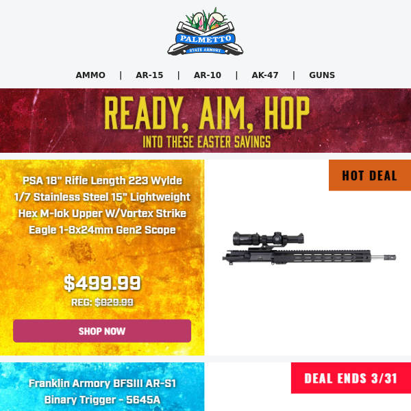 Smokin' Deal Alert! | PSA 18" .223 Wylde Railed Upper w/ Vortex Strike Eagle 1-8 Scope $499.99!