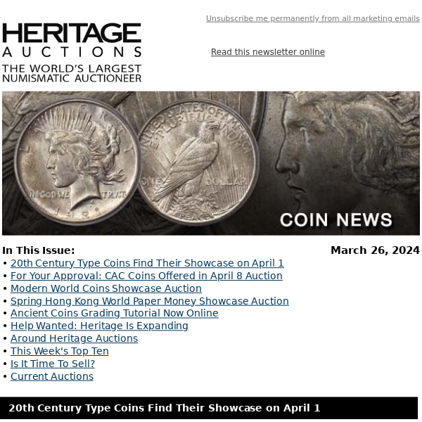 Coin News: 20th Century Type Coins Find Their Showcase on April 1