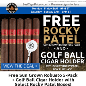 🏌️ Free Sun Grown Robusto 5-Pack + Golf Ball Cigar Holder with Select Rocky Patel Boxes 🏌️