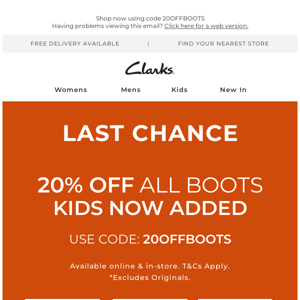 Time's running out... 20% off boots ends tonight