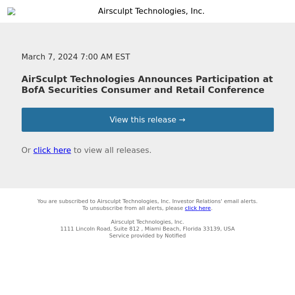 AirSculpt Technologies Announces Participation at BofA Securities Consumer and Retail Conference