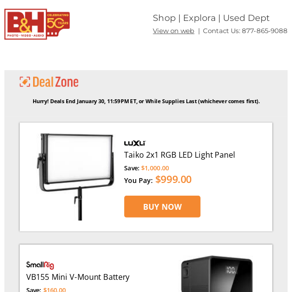 Today's Deals: Luxli Taiko 2x1 RGB LED Light Panel, SmallRig Mini V-Mount Battery, Vanguard BBH-100 Ballhead, SanDisk 16GB Ultra UHS-I microSDHC Memory Card w/ SD Adapter & Card Reader & More