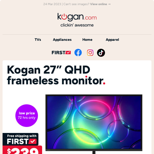 🖥️ Kogan 27" QHD frameless monitor $239 - Hurry, low price for 72HRS only!