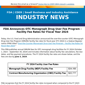 FDA Announces OTC Monograph Drug User Fee Program - Facility Fee Rates for Fiscal Year 2024