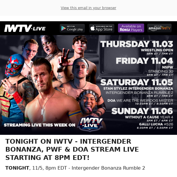 TONIGHT on IWTV: Intergender Bonanza, PWF, DOA!