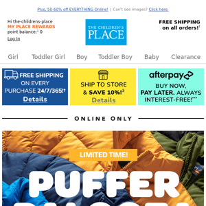 The Children's Place, $19.99 PUFFER JACKETS - Limited Time Only!