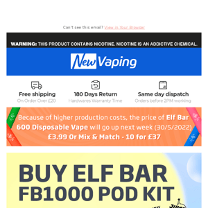 RESTOCK! £4 ELUX KOKO! New Arrival!£12.99 GeekVape Wenax M1 Kit, £4.99 DotMod Dot E Disposable! £2.5 QIS Bar; Buy ELF BAR FB1000 Kit, Get 2 Free E-liquid Now!