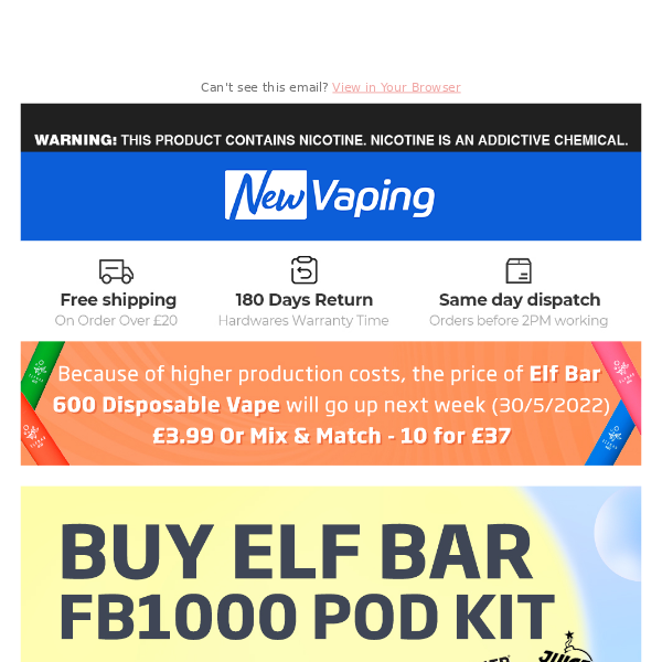 RESTOCK! £4 ELUX KOKO! New Arrival!£12.99 GeekVape Wenax M1 Kit, £4.99  DotMod Dot E Disposable! £2.5 QIS Bar; Buy ELF BAR FB1000 Kit, Get 2 Free  E-liquid Now! - New Vaping