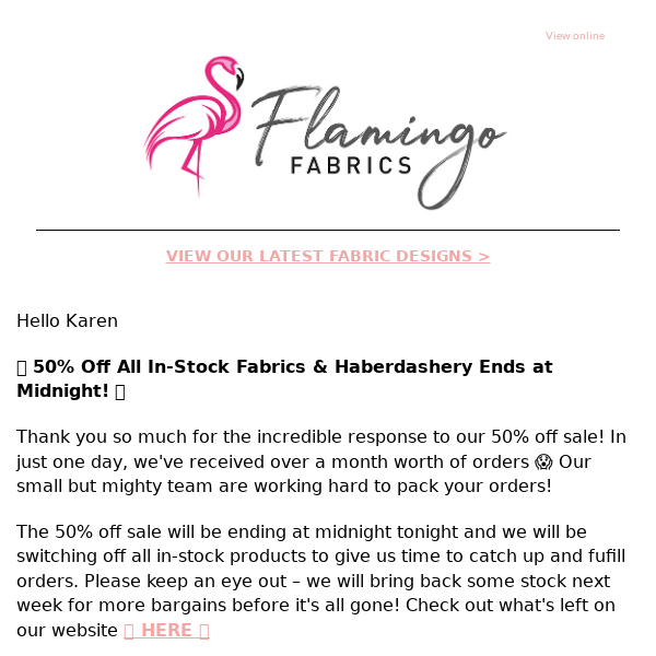 Flamingo Fabrics 🔥LAST CHANCE 50% off ALL in-stock fabrics & haberdashery🔥