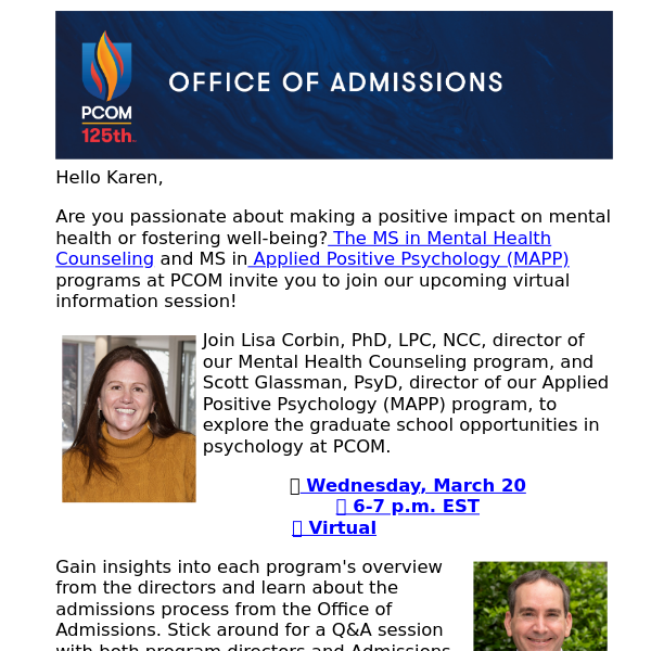 📅 Save the Date: PCOM's Mental Health Counseling & Applied Positive Psychology (MAPP) Virtual Info Session March 20