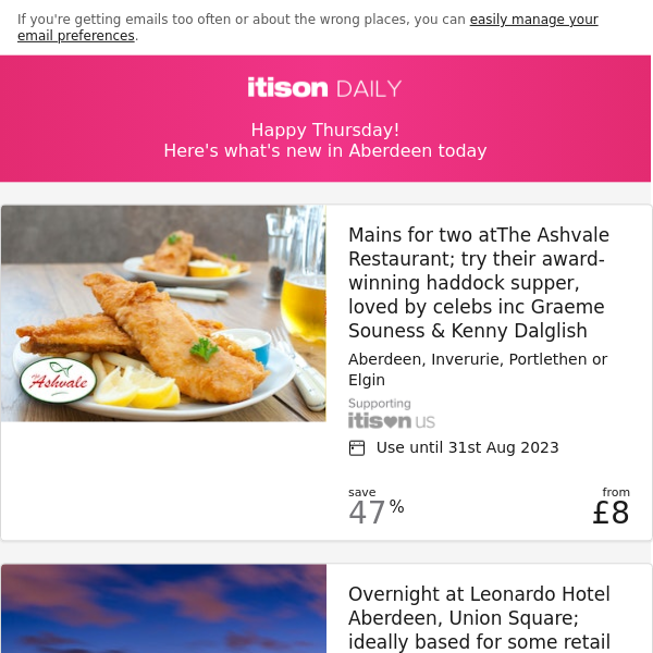 The Ashvale Restaurant; Leonardo Hotel Aberdeen stay; Café Andaluz Aberdeen; Fisher’s Hotel Murder Mystery, Pitlochry, and 8 other deals